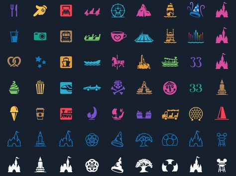 Magic Passport: Attraction & Park Icons by Louie Mantia for Pacific Helm Disney Park Tattoo, Disneyland Instagram Highlight Covers, Theme Park Logo Design, Disneyland Logo Design, Icon Park Orlando, Disney Symbols, Disney Stamps, Profile Instagram, Disney Icon