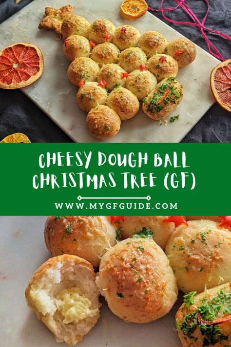 4-Ingredient Cheesy Dough Ball Christmas Tree (GF) Gluten Free Dough Balls, Christmas Tree Dough, Garlic Balls, Gluten Free Apps, Pizza Ball, Gluten Free Dough, Christmas Pastries, Gluten Free Puff Pastry, Ball Christmas Tree