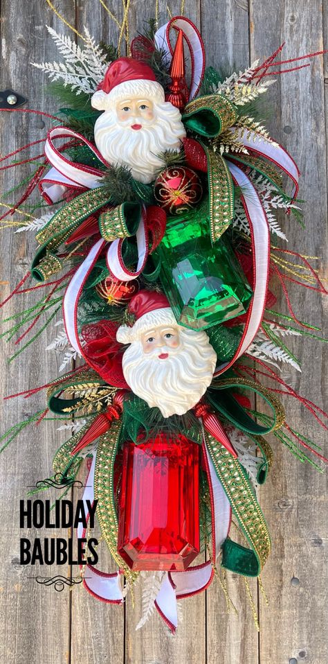 Christmas Pedestal Decor, Grinch Christmas Swag, Swag Wreaths, Jewel Christmas, Holiday Baubles, Holiday Swag, Jewel Ornaments, Swag Ideas, Christmas Swag