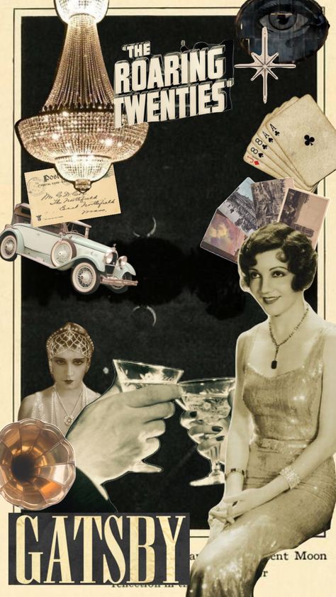 The Roaring Twenties Aesthetic, 1920s Movie Posters, Great Gatsby Aesthetic Art Deco, The Great Gatsby Moodboard, Speakeasy Painting, Roaring 20s Graphic Design, 1920s Collage, Great Gatsby Painting, 1920s Background