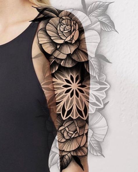 Mandala And Flower Tattoo, Flower And Mandala Tattoo, Floral Com Mandala, Mandala Arm, Geometric Tattoo Sleeve Designs, Geometric Tattoo Pattern, Mandala Sleeve, Mandala Flower Tattoos, Sketch Style Tattoos