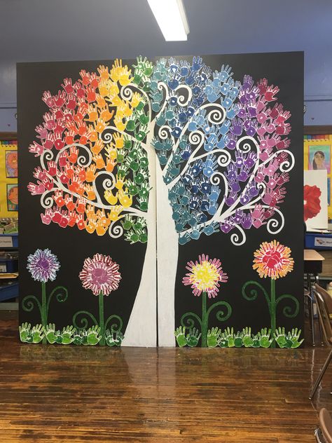 Rainbow Handprint Tree Handprint Tree Bulletin Board, Tree Mural For School, Handprint Wall Mural, Handprint Mural School, Handprint Tree Mural, Hand Print Mural, Handprint Mural, Ideas Para Murales Escolares, Handprint Wall Art