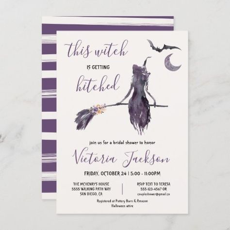 Witch is getting Hitched Halloween Bridal Shower Halloween Invitations - halloween party, elegant, bridal shower, halloween, floral, bats, watercolor, this witch is getting hitched, witch, engagement Halloween Bridal Showers, Witches Night Out, Love Is Brewing, Getting Hitched, Adult Halloween Party, Halloween Time, Party Bachelorette, Purple And Orange, Bridal Stores