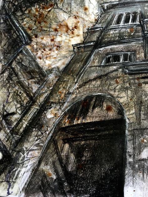 Derelict spaces - The Locarno Building Swindon.  Mixed media drawing by L Waddell Aged Buildings Art, Decaying Buildings Art, L Waddell, Abandoned Building Art, Art Gcse Buildings, Derelict Buildings Art, Urban Decay Art, Spaces And Places Art Gcse, Decay Building