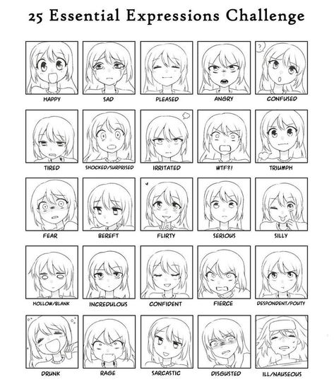 Expressions Template, Drawing Anime Faces, Expression Challenge, Facial Expressions Drawing, Emotion Faces, Drawing Face Expressions, Manga Tutorial, Drawing Tutorials For Beginners, Art Tools Drawing