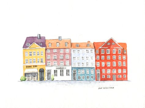 Copenhagen  illustration Anna Moskvicheva Scandi Illustration, Copenhagen Drawing, Copenhagen Illustration, Tivoli Gardens Copenhagen, Tivoli Copenhagen, Tivoli Gardens, Building Drawing, Watercolor Plants, Bullet Journal Design Ideas