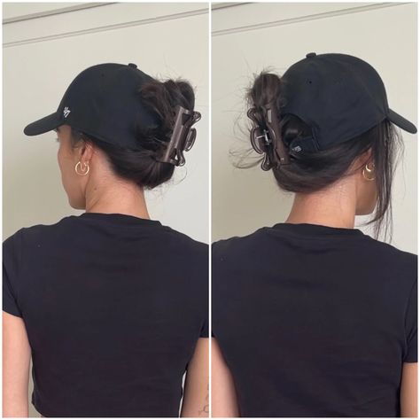 Cap And Hairstyle, Hair Up With Baseball Hat, Hats And Claw Clips, Hair Clip With Hat On, Baseball Cap Updo Hairstyles, Ball Cap And Claw Clip, Hairstyles Wearing A Hat Baseball Caps, Women’s Hat Hairstyles, Hair Clip With Ball Cap