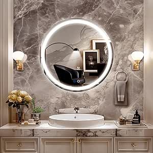 Round LED Bathroom Mirror 24 Inch- Stepless Dimmable Wall Mirrors with Anti-Fog Vanity Mirror with 3 Color Modes, Dimmable CRI>90, Shatter-Proof, Circle Memory Makeup Mirror with LED Lights Contemporary Powder Room, Led Bathroom Mirror, Bathroom Mirror Lights, Lighted Vanity Mirror, Mirror With Led Lights, Led Bathroom, Led Mirror Bathroom, Mirror Wall Bathroom, Led Vanity