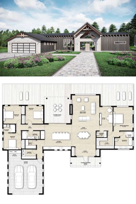 Single Story Gable Roof House, Gable And Shed Roof Combination, Triangle House Plan Layout, Double Gable Front House, Farmhouse On Land, Farm Houseplans, Garage With Workshop, Wood And Brick, Rural Houses