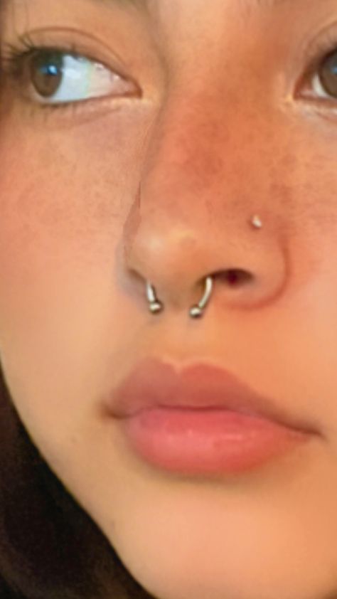 Nostril And Septum Piercing Together, Septum And Nostril Piercing, Masc Lesbian, Dark Y2k, Face Piercings, Piercing Nose, Tooth Gem, Piercing Inspo, Nose Jewelry