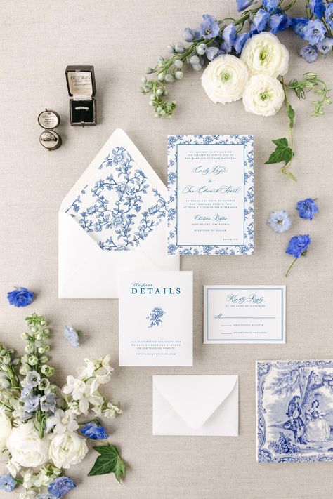 This gorgeous blue and white French inspired wedding invitation suite is perfect for a luxurious, summer wedding! Featuring the willow pattern, it's got summer garden wedding vibes, and the elegant script font takes it to the next level! PIECES Invitation Suites include: (1) 5x7 Main Invitation (1) 4bar size RSVP Card (1) A2 Details Card (1) RSVP Envelope in your color choice (1) Main Envelope in your color choice And FREE Shipping Envelope liners, Save the Dates, or any other pieces can be found in other listings to correspond with your suite. All of our envelope and print colors are customizable to match your style and vision for your wedding! Add ons can include venue sketches, custom watercolors, etc. FREE customization includes color changes for text and envelope options, 2 paper colo Blue Willow Wedding, Coastal Wedding Invitations, French Inspired Wedding, French Blue Wedding, Blue And White Wedding, White Wedding Theme, Summer Garden Wedding, Blue Invitation, Pattern Wedding