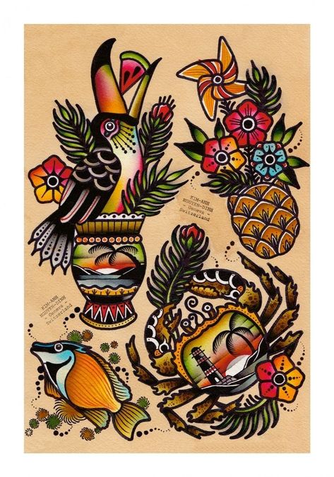 Traditional Tattoo Filler, Tato Tradisional, Tropical Tattoo, Tiki Tattoo, Sailor Tattoo, Old School Tattoo Designs, Traditional Tattoo Design, Traditional Tattoo Art, Traditional Tattoo Flash