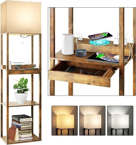 RUNTOP Floor Lamp with Shelves, Plus Shelf Lamp with Wireless Charger, 2 USB Port and Outlet, 1 Drawer, 15W LED Bulb, 3 Colors, Memory Function, Floor Lamps for Living Room, Standing Lamp for Bedroom - Amazon.com Lamp With Shelves, Floor Lamps For Living Room, Office Brown, Shelf Lamp, Shelves Modern, Lamps For Living Room, Corner Lamp, Floor Lamp With Shelves, Modern Shelf