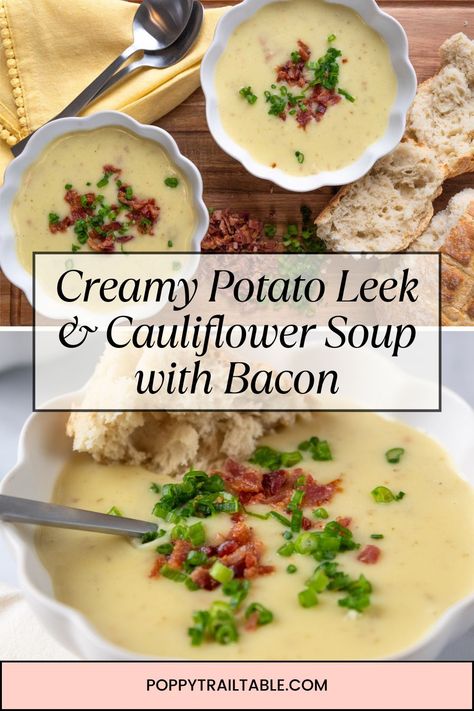 This Creamy Potato Leek Cauliflower Soup is the perfect blend of creamy comfort using just a few simple ingredients. With its smooth texture and rich flavors of potato, bacon, and cheese, it’s a guaranteed family favorite—even for picky eaters who will never know there is cauliflower in it as long as you don't tell them! Pair it with crusty bread and a fresh salad for a complete, satisfying meal everyone will love. Cauliflower Soup With Bacon, Leek Cauliflower, Leek And Cauliflower Soup, Cauliflower Leek Soup, Soup With Bacon, Potato Bacon, Bacon Cauliflower, Creamed Leeks, Potato Leek