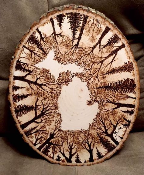 Pyrography Tree Patterns, Wood Burning Pine Tree Patterns, Beginning Wood Burning, Wood Burning Bowls, Wood Burned Dresser, Wood Burn Trees, Wood Burning Mountain Scene, Wood Burning Trees, Pyrography Ideas For Beginners