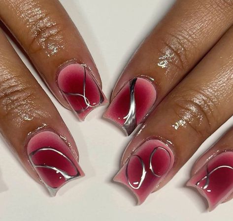 Pink Nails With Chrome Design, Chrome Star Nails Short, Square Nail Designs Chrome, Chrome Nails Designs Short Square, Red And Silver Short Nails, Red Silver Nail Designs, Short Silver Chrome Nails, Short Red Chrome Nails, Hoco Nails Square