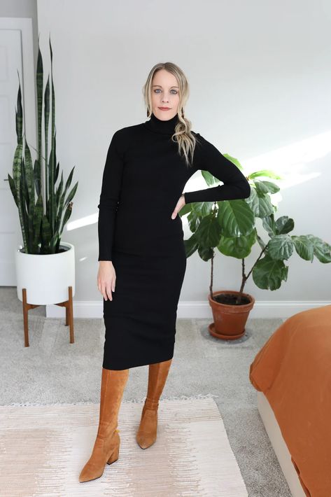 Turtle Neck Dress Outfit, Black Sweater Dress Outfit, Black Midi Sweater Dress, Sweater Dress Outfit Winter, Sweater Dress Boots, Knitted Dress Outfit, Long Black Sweater, Sweater Dress Outfit, Denim Jacket Outfit