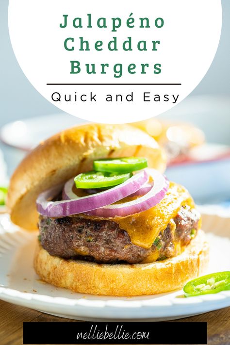 In under 30 minutes you'll have these burgers grilled up and served. Full of chopped jalapéno's and topped with creamy cheddar cheese, this Jalapéno Cheddar Burger everyone will be asking for again and again! #Burger #Jalapeno #GrilledRecipe #BBQ Jalapeño Cheddar Burgers, Jalepeno Burgers Recipes, Jalepeno Burgers, Jalapeno Burger Recipe, Making Burger Patties, Jalapeno Burger, Perfect Burger, Fast Easy Dinner, Cheddar Burger