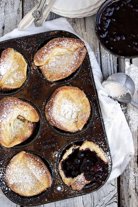 Mini Dutch Pancakes, Dutch Baby Pancakes, Easy Breakfast Treats, Dutch Pancakes, Baby Pancakes, Dutch Baby Pancake, Blueberry Sauce, Dutch Baby, Muffin Tin