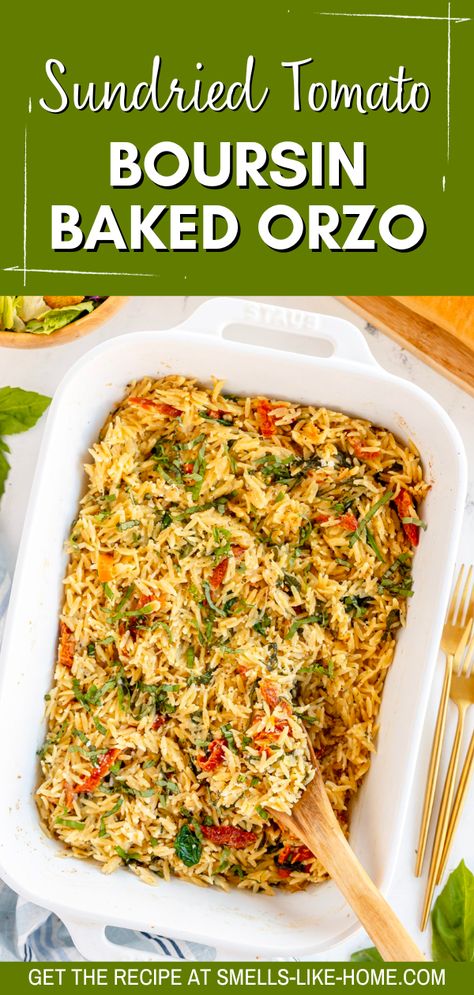 Orzo Entree Recipes, Orzo Recipes With Sundried Tomatoes, Orzo Sundried Tomato Chicken, Garlic And Herb Boursin, Boisin Cheese Orzo, Roasted Veggie Orzo Bake, Asian Orzo Recipes, Creamy Sundried Tomato Orzo, Orzo Pasta Sundried Tomatoes