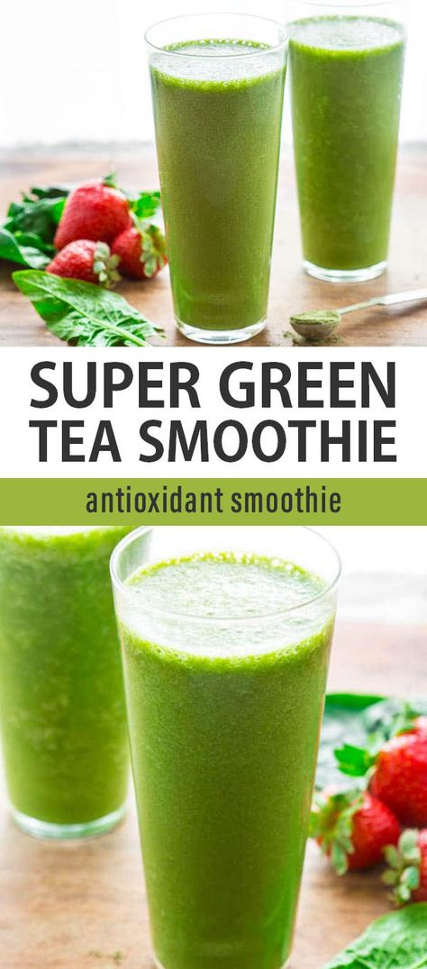 This Super Green Tea Smoothie gets its color from spinach and matcha green tea powder. It’s loaded with protein, vitamins and antioxidants! Stomach Fat Diet, Antioxidant Smoothie, Green Tea Smoothie, Banana Drinks, Breakfast Low Carb, Green Tea Benefits, Fat Burning Smoothies, Morning Drinks, Matcha Green Tea Powder