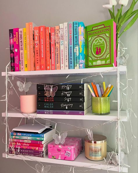 my new bookshelves!!🫶🫶 i am SO HAPPY with the way they turned out!! how do you organize your books?? . . #bookshelf #shelfie #bookshelves #bookstagram #bookaddict #bookstagrammer #booksta #bookstacks #bookaesthetic #readingaesthetic #bookshelfinspiration #bookshelfinspo Cute Book Shelf Aesthetic, Coquette Bookshelf Aesthetic, Room Decor Ideas Bookworm, Room Ideas Aesthetic Bookworm, Rainbow Bookshelf Aesthetic, Shelfie Bookshelves, Bookshelf Inspo, Bookish Content, Bookshelf Inspiration