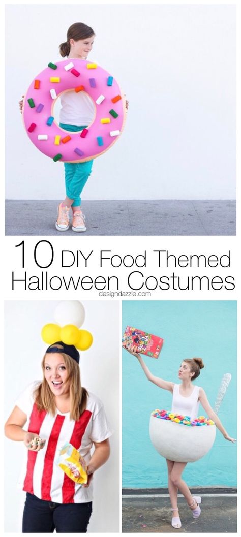 10 of my very favorite DIY food themed Halloween costumes that are cute, simple, and easy to make. You would never guess that they are homemade! | Design Dazzle Diy Food Costumes, Food Halloween Costumes, Meme Costume, Halloween Costumes 2022, Halloween Costume Design, Halloween Costumes For Work, Themed Halloween Costumes, Diy Costumes Women, Food Costumes