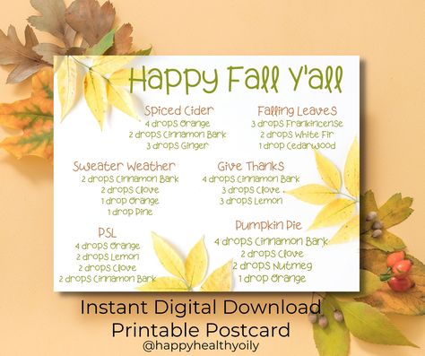 Fall Diffuser Blend Postcard Fall Leaves Essential Oils Postcard by HappyHealthyOily on Etsy Christmas Diffuser Recipes, Diffuser Blends Young Living, Christmas Diffuser Blends, Essential Oil Spray Recipes, Fall Diffuser Blends, Printable Postcards, Postcard Stamps, Essential Oil Blends Recipes, Diffuser Blend