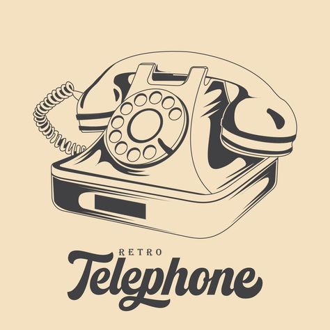 Dial Phone Tattoo, Old School Phone Drawing, Telephone Graphic Design, Vintage Telephone Illustration, Retro Telephone Illustration, Retro Phone Drawing, Vintage Phone Illustration, Vintage Phone Tattoo, Vintage Telephone Drawing