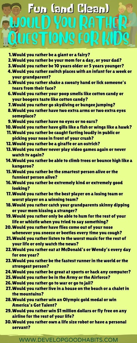 Looking for a fun way to engage your kids in conversation and get them thinking?   Check out this list of 125 clean and entertaining 'Would You Rather' questions!   Perfect for car rides, family dinners, or just hanging out with your kids.   Don't miss out on these conversation starters with your children!   Conversation starters | For Kids  | Family Fun | This or that questions for kids | Would you rather questions for kids | Get your kids talking | Conversation questions for kids Would You Rather Questions For Kids, This Or That Questions, This Or That, Fun Questions For Kids, Questions To Ask Your Kids, Family Conversation Starters, Conversation Starters For Kids, Questions For Kids, Kids Questions