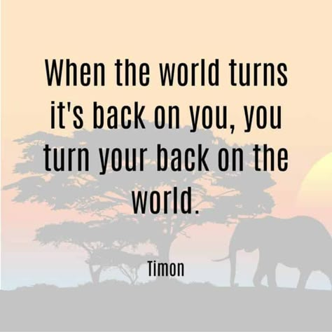 When the world turns its back on you, you turn your back on the world Timon quote from Lion King The Lion King Quotes Wallpaper, Lion King Quotes Timon, Disney Quotes Inspirational Lion King, Lion King Sayings And Quotes, Turn Your Back On Me Quotes, Turn Your Back Quotes, Quotes From Lion King, When The World Turns Its Back On You, Lion King Quote Tattoos