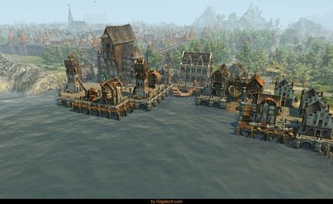 Medieval Harbor, Medieval Fantasy World, Minecraft Medieval Village, Cave City, Fantasy Architecture, Medieval Artwork, Minecraft House Plans, Harbor City, Harbor Town