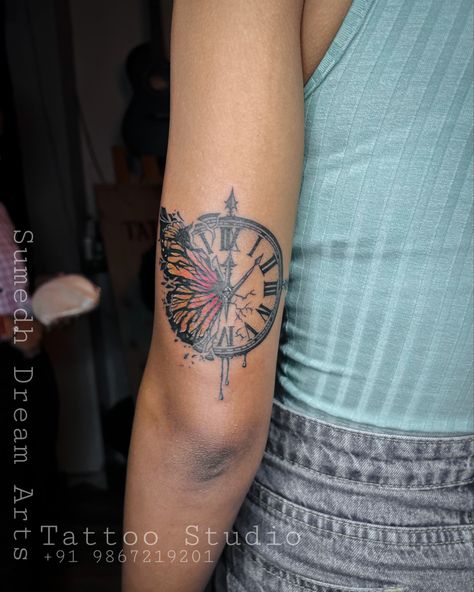 Butterfly Compass Tattoo, Trust The Timing Tattoo, Clock Butterfly Tattoo, Clock Compass Tattoo, Butterfly Tattoo With Flowers, Butterfly Clock, Tattoo With Flowers, Remembrance Tattoos, S Tattoos