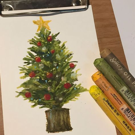 ig: lyene_nn Christmas Pastel, Christmas Tree Drawing, Piskel Art, Crayon Drawings, Pastel Crayons, Christmas Card Art, Oil Pastel Art, Oil Pastel Drawings, Crayon Art