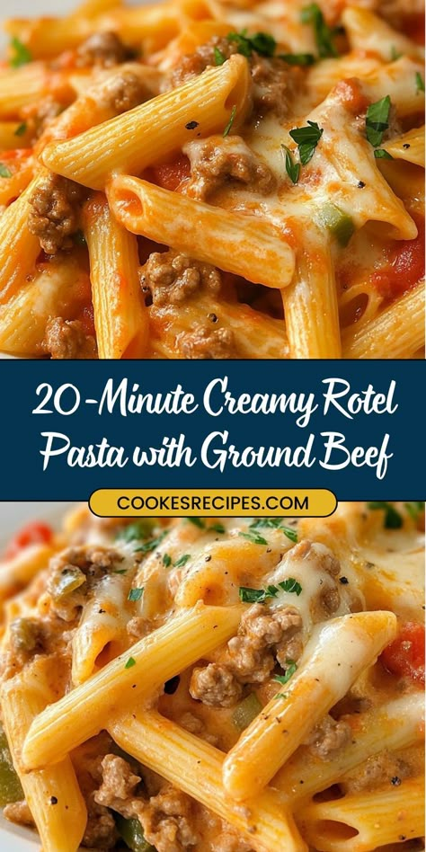 This Creamy Rotel Pasta with Ground Beef is a flavorful, cheesy dinner made with penne, Rotel tomatoes, and a creamy sauce. Perfect for weeknights, it’s ready in just 20 minutes! Beef And Rotel Recipes, Creamy Rotel Pasta With Ground Beef, Ground Beef And Rotel Recipes, Rotel Spaghetti Ground Beef, Rotel Pasta Recipes, Rotel Pasta, Pasta With Ground Beef, Beef Recipes Easy Dinners, Cheesy Dinner