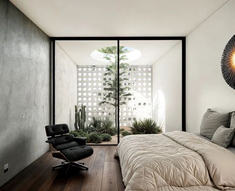 You need privacy, but still want to be connected to nature? We created this beautiful bedroom with its own private courtyard which has a breeze block screen and a beautiful circular skylight allowing ample of natural light and natural air into the room. #australianarchitecture #architecture #interiordesign #australiandesign #melbournearchitecture #architecturelovers #melbourne #archdaily #archilovers #architecturephotography #australianhomes #interiorarchitecture #melbournedesign #interiors... Small Inner Courtyard, Circular Skylight, Masters Bedroom, Interior Courtyard, Connected To Nature, Melbourne Architecture, Private Courtyard, Inner Courtyard, Australian Architecture