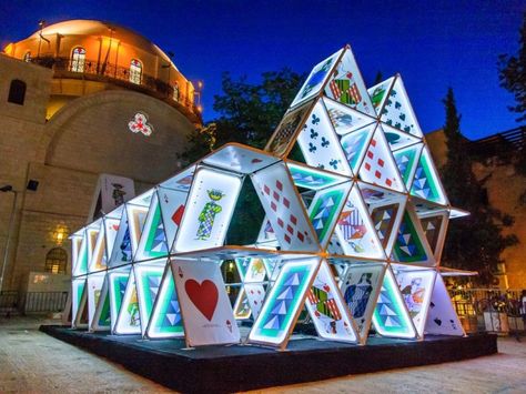 House of Cards at Jerusalem Light Festival in 2014 by OGE Group Jason Alden, Props Concept, Events Ideas, Illumination Art, Logo Project, Event Decoration, Up House, Playing Card Deck, Casino Theme