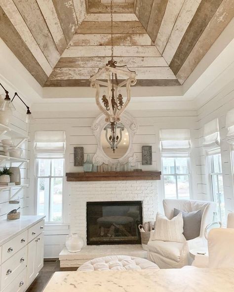 Vaulted Ceiling Bedroom, Vaulted Ceiling Living Room, Shiplap Ceiling, Cottage Plan, Tray Ceiling, Wallpaper Accent Wall, Wallpaper Accent, Ceiling Ideas, Bedroom Ceiling