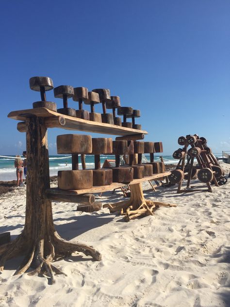 Tulum Jungle Gym Flintstone style gym on the beach | Mexico Tulum Jungle Gym, Tulum Jungle, Tulum Mexico Beach, Yoga Platform, Style Gym, African House, Diy Home Gym, Beach Gym, Beach Sunset Wallpaper