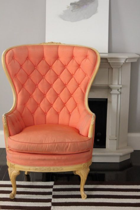 Coral Chair, Coral Paint Colors, Tufted Furniture, Orange Chair, Love Chair, Tufted Chair, Color Coral, Take A Seat, Sofas And Chairs