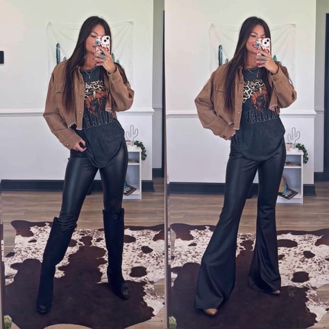 Black Legging Bell Bottoms Outfit, How To Style Black Bell Bottom Leggings, Leather Flares Outfit, Trendy Flare Faux Leather Bottoms, Leather Bell Bottoms Outfit, Black Leather Bell Bottoms Outfit, Black Bell Bottoms Outfit Western, Black Bell Bottoms Outfit, Leather Bell Bottoms