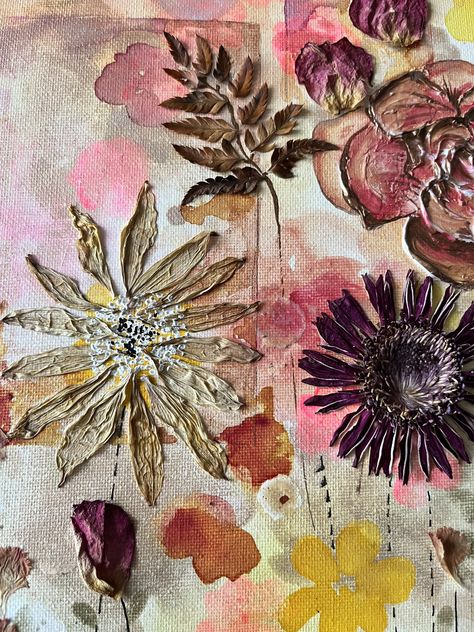 Original Painting-Mixed media on canvas size- 30x26 cm using acrylic, watercolours and dry flowers. Flower Mixed Media Art, Mark Making Flowers, Mixed Media Botanical Art, Mixed Media Flower Art, Mixed Media Canvas Ideas, Natural Forms Art, Daisy Picture, Art Layers, Mixed Media Nature