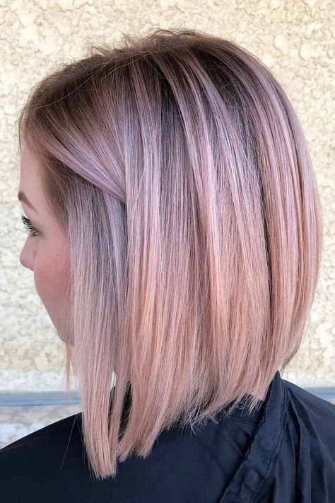 Rose Bright Bob Haircuts For Brave Girls #bobhaircut #stackedbob #haircuts #mediumhair #straighthair Haircuts For Straight Fine Hair, Pastel Pink Hair Color, Gold Hair Colors, Hair Color Rose Gold, Pastel Pink Hair, Stacked Bob Haircut, Angled Bob, Pink Highlights, Hair Color Pink