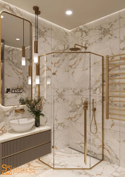 style Penthouse Design Interiors, Gold Shower Fixtures, Modern Marble Bathroom, Living Room Art Deco, Penthouse Design, Art Deco Kitchen, Wooden House Design, Studio Apartment Design, Interior Design Dubai