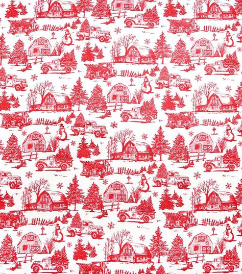 Red Toile on White Christmas Cotton Fabric | JOANN Christmas Toile, Christmas Dollhouse, Christmas Fabrics, Red Toile, Christmas Porch Decor, Cowboy Christmas, Holiday Fabric, Christmas Bedroom, Western Christmas