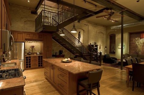 Two Story Loft Apartment, Warehouse Aesthetic Apartment, City Loft Aesthetic, Nyc Loft Kitchen, Underground Apartment, Vintage Loft Apartment, Nyc Loft Aesthetic, 80s Loft Apartment, Two Story Apartment