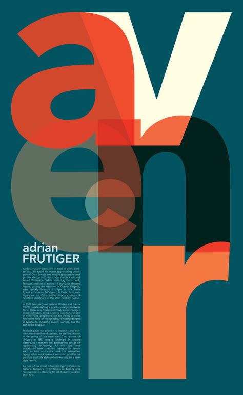 Avenir Poster by Justine Rudnicki Text Arrangement Design, Avenir Font, Adrian Frutiger, Typeface Poster, Typographic Poster Design, Inspiration Typographie, Mises En Page Design Graphique, Type Specimen, 타이포그래피 포스터 디자인