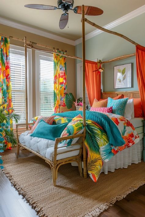 Chic Coastal Decor, Tropical Theme Bedroom, Jungle Themed Bedroom, Plain Bedroom, Jungle Oasis, Tropical Bedroom, Jungle Bedroom, Summer Room, Modern Coastal Decor