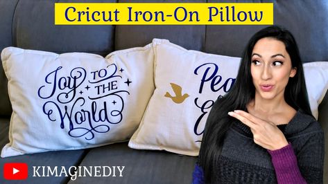 Don't collect a ton of throw pillows when you have a blank canvas on the other side! It’s amazing how Cricut Iron-on Vinyl can give such a professional look to your home decor. In this easy iron-on pillow tutorial I will show you how to use Cricut design space, and Cricut Easypress 2 on a pre-stuffed pillow. Cricut Pillow Covers, Htv On Pillows, Christmas Pillows To Make With Cricut, Custom Cricut Pillows, Christmas Pillows To Make Vinyl, Cricut Iron On Vinyl, How To Use Cricut, Pillow Tutorial, Iron On Vinyl