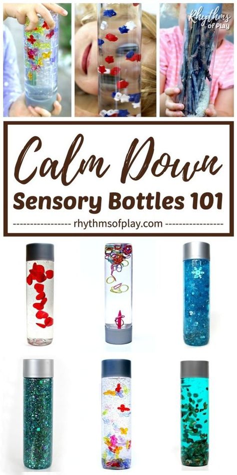 DIY Sensory Bottles 101 - These beauties are used as portable, no-mess, safe, sensory play. They're perfect for babies, toddlers, preschoolers, and kindergarteners. The bottles can be used as a time-out and as a way to calm a child. And they're a great toy for curious learners. | #DIYSensoryBottle #SensoryPlay Make A Sensory Bottle, Diy Sensory Bottles, Calming Bottle, Diy Sensory Toys, Calm Down Jar, Calm Down Bottle, Discovery Bottles, Diy Sensory, Bottles Diy